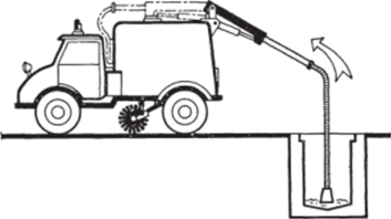 Асфальтоуборочная машина, оборудованная илососом для очистки дождеприемных колодцев (модификация машины, показанной на рис. 16.3, с использованием стандартного шасси).