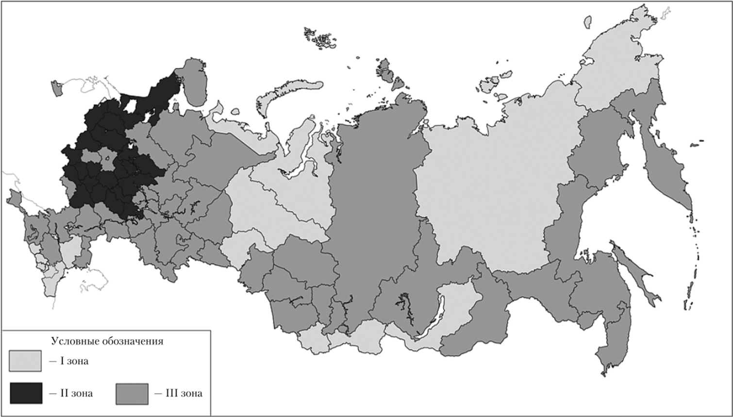 Зонирование территории РФ по типу воспроизводства населения (по состоянию на 2015 г.).