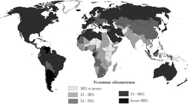 Удельный вес городского населения по странам мира, 2015 г.