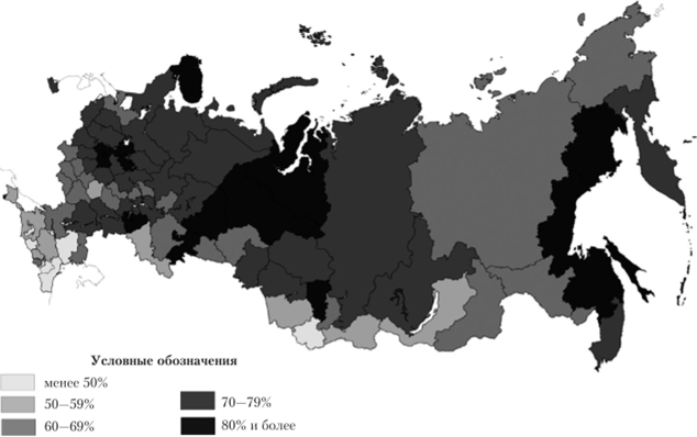 Удельный вес городского населения по субъектам Российской Федерации.