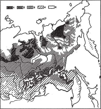 Карта пространственной структуры восточной части ареала лесного лемминга (Myopus schisticolor Lilljeborg, 1884).