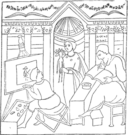 Диоскорид пишет в то время, как гений Разума держит в руках мандрагору, которую срисовывает художник. По манускрипту XI века.