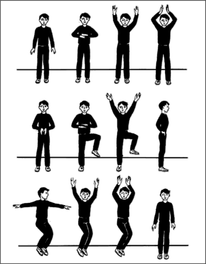 Одновременная и поочередная постановка рук на 8—76 счетов последовательно на пояс, к плечам, вверх и возвращение в обратном порядке: на месте, в ходьбе, во время бега, прыжков различного характера.