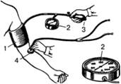Измерение артериального давления по способу Короткова:1 - манжета; 2 - манометр; 3 - груша; 4 - фонендоскоп.