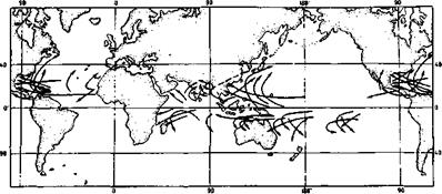 Траектории движения тропических циклонов.