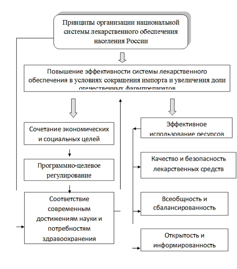 Схема реализации основных принципов системы лекарственного обеспечения населения России в условиях импортозамещения [8].